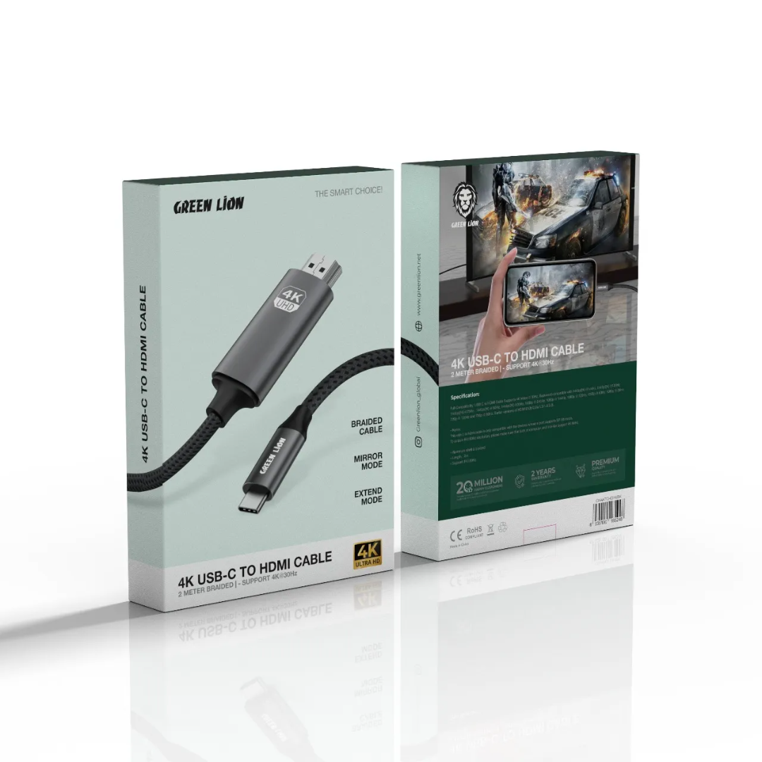 Green Lion 4K USB-C to HDMI Cable – 4K@30Hz, Braided, Black - Image 3