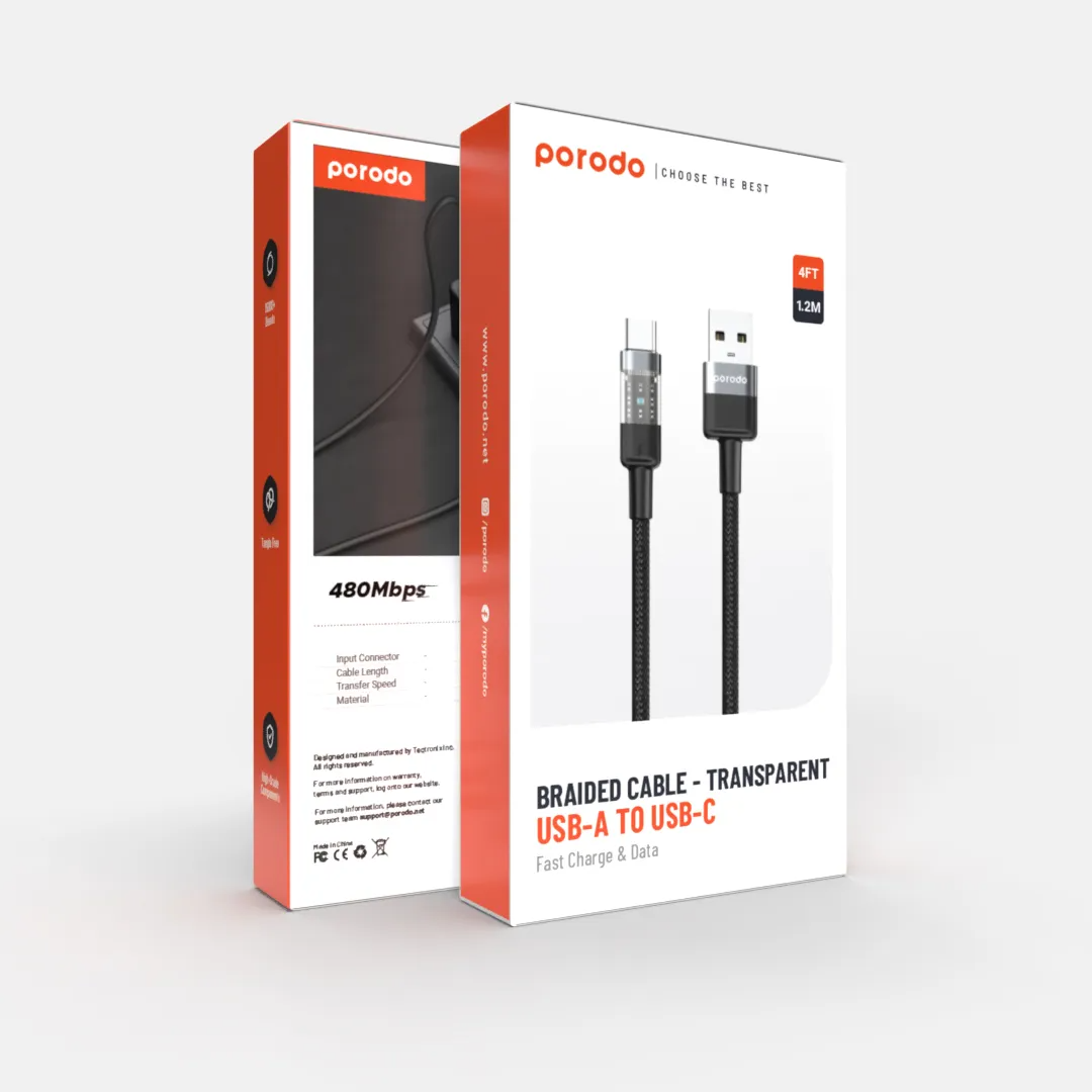 Porodo Braided USB to USB-C Cable 1.2m — Transparent Connectors (Black/White) - Image 4