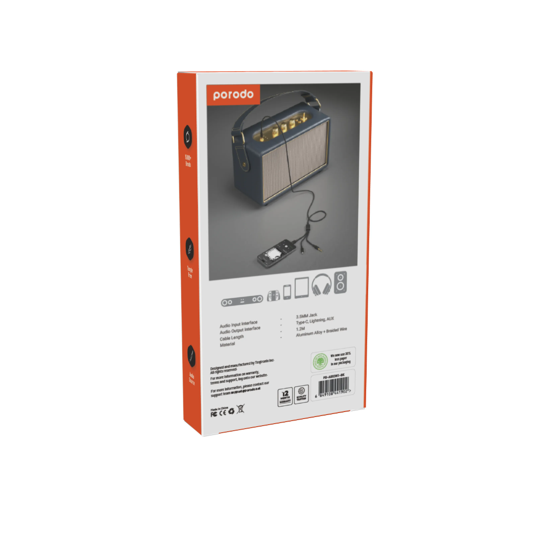 Porodo 2‑in‑1 Multi‑Device AUX Cable — 3.5mm + Lightning (1.2M Black) - Image 3