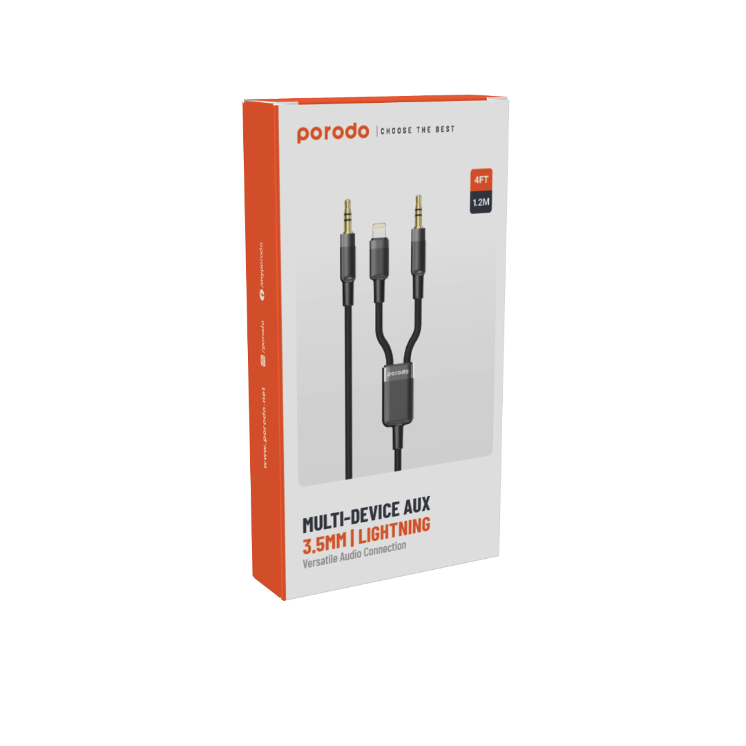 Porodo 2‑in‑1 Multi‑Device AUX Cable — 3.5mm + Lightning (1.2M Black) - Image 2