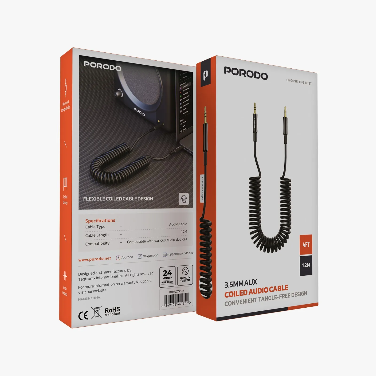 Porodo 3.5mm AUX Coiled Audio Cable 1.2m — Auto-Retract, Tangle-Free Design - Image 5