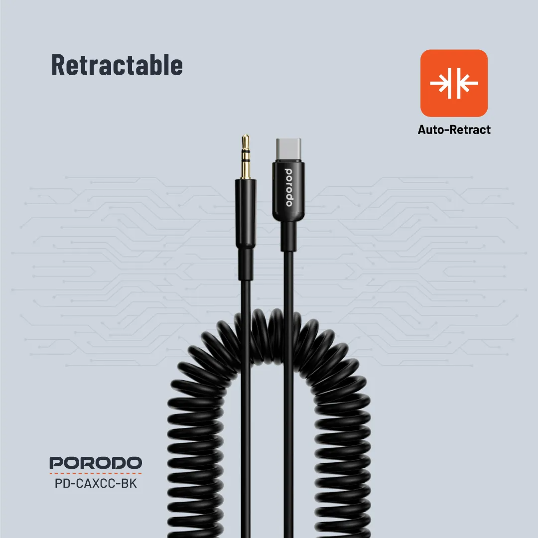 Porodo Type-C to 3.5mm AUX Coiled Audio Cable 1.2m — Auto-Retract, Tangle-Free Design - Image 4