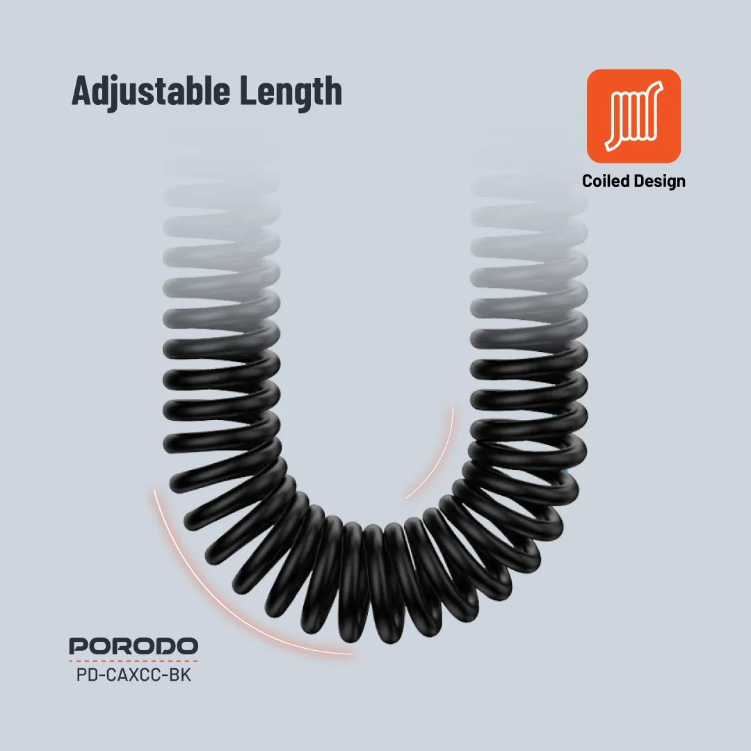 Porodo Type-C to 3.5mm AUX Coiled Audio Cable 1.2m — Auto-Retract, Tangle-Free Design - Image 3