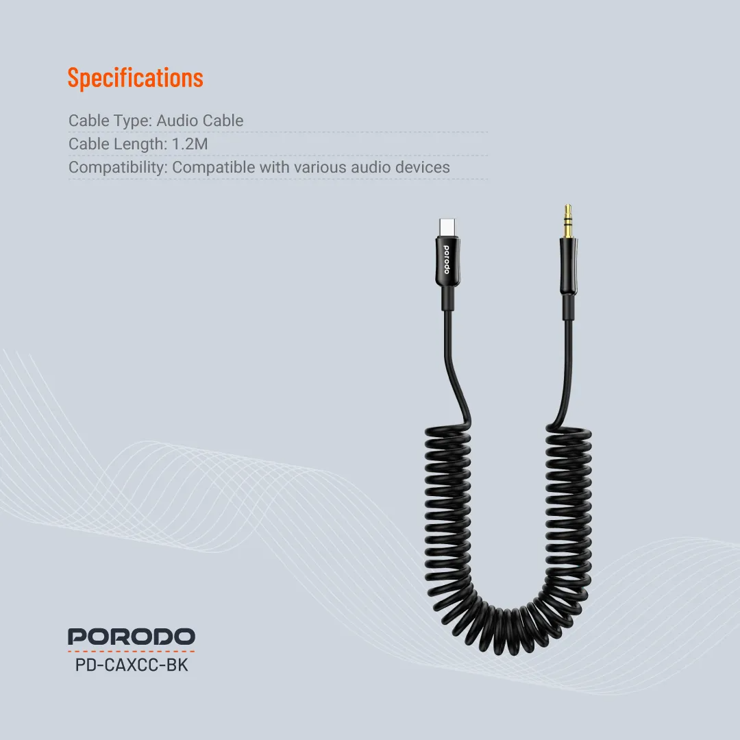 Porodo Type-C to 3.5mm AUX Coiled Audio Cable 1.2m — Auto-Retract, Tangle-Free Design - Image 5