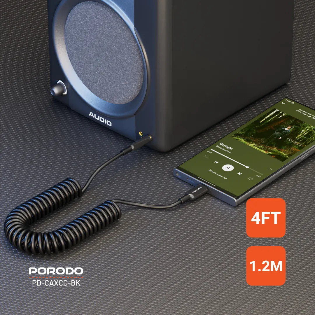 Porodo Type-C to 3.5mm AUX Coiled Audio Cable 1.2m — Auto-Retract, Tangle-Free Design - Image 2