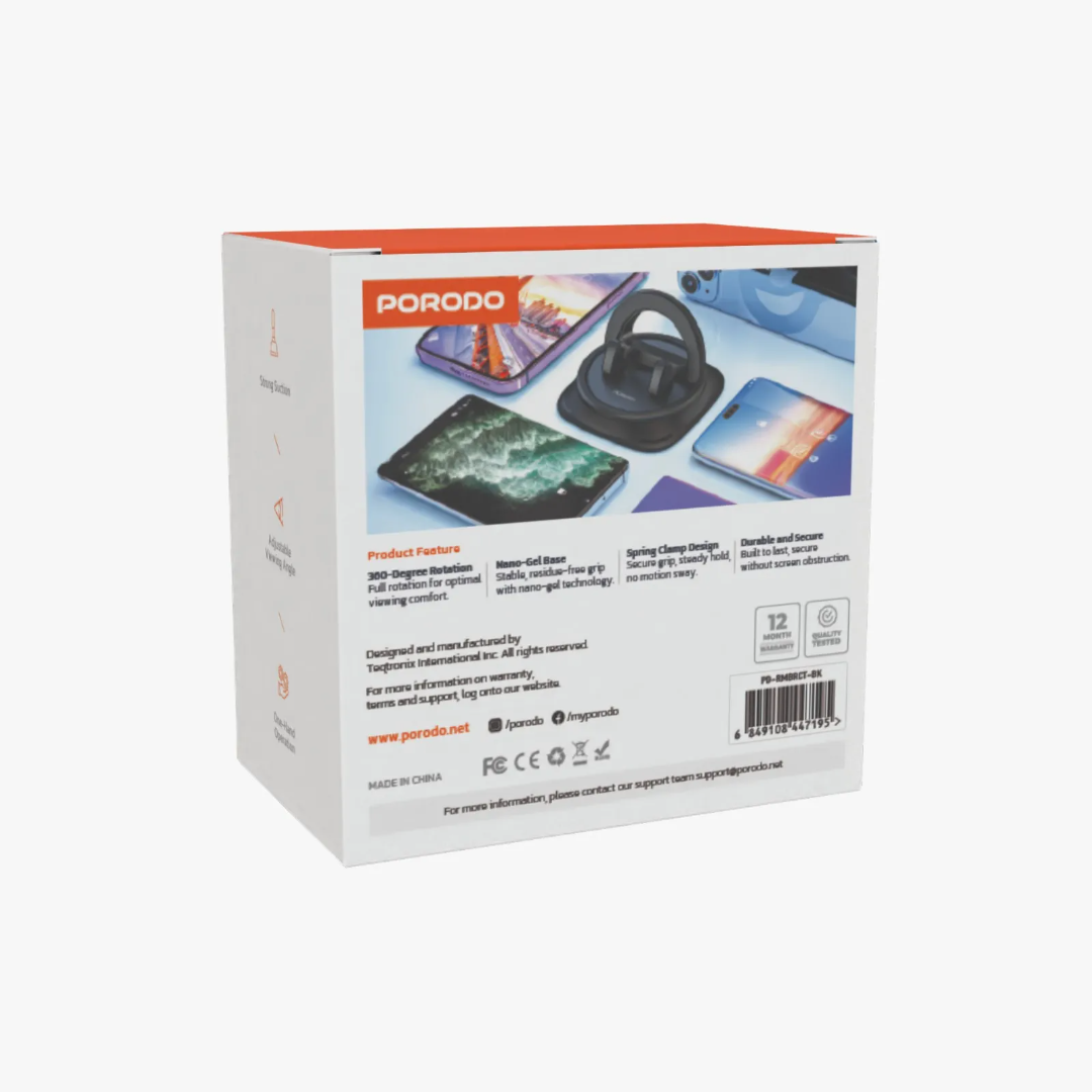 Porodo Rotatable Mobile Phone Bracket — 360° Spring Clamp, One-Hand Operation, Up to 12.9" (Black) - Image 7