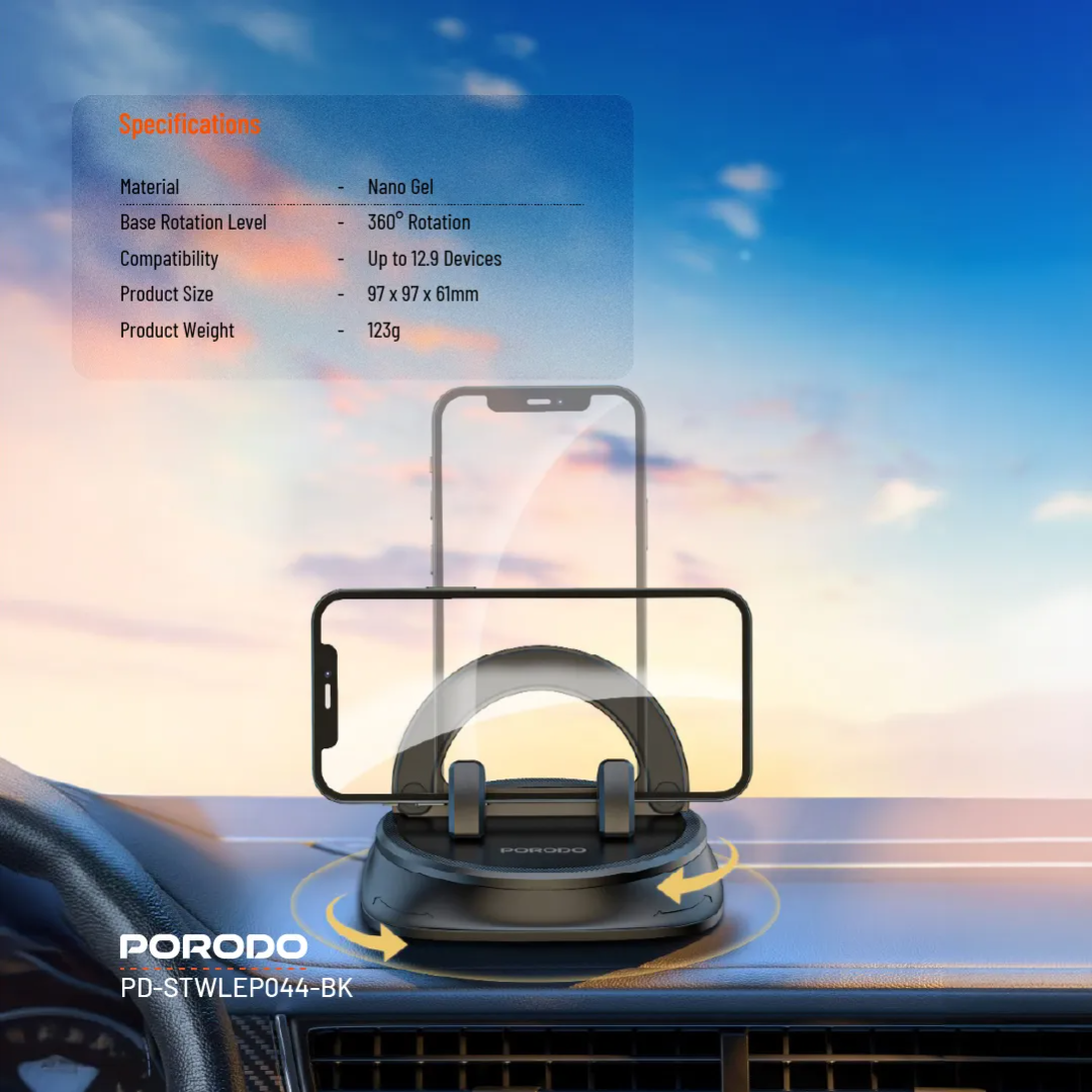 Porodo Rotatable Mobile Phone Bracket — 360° Spring Clamp, One-Hand Operation, Up to 12.9" (Black) - Image 2
