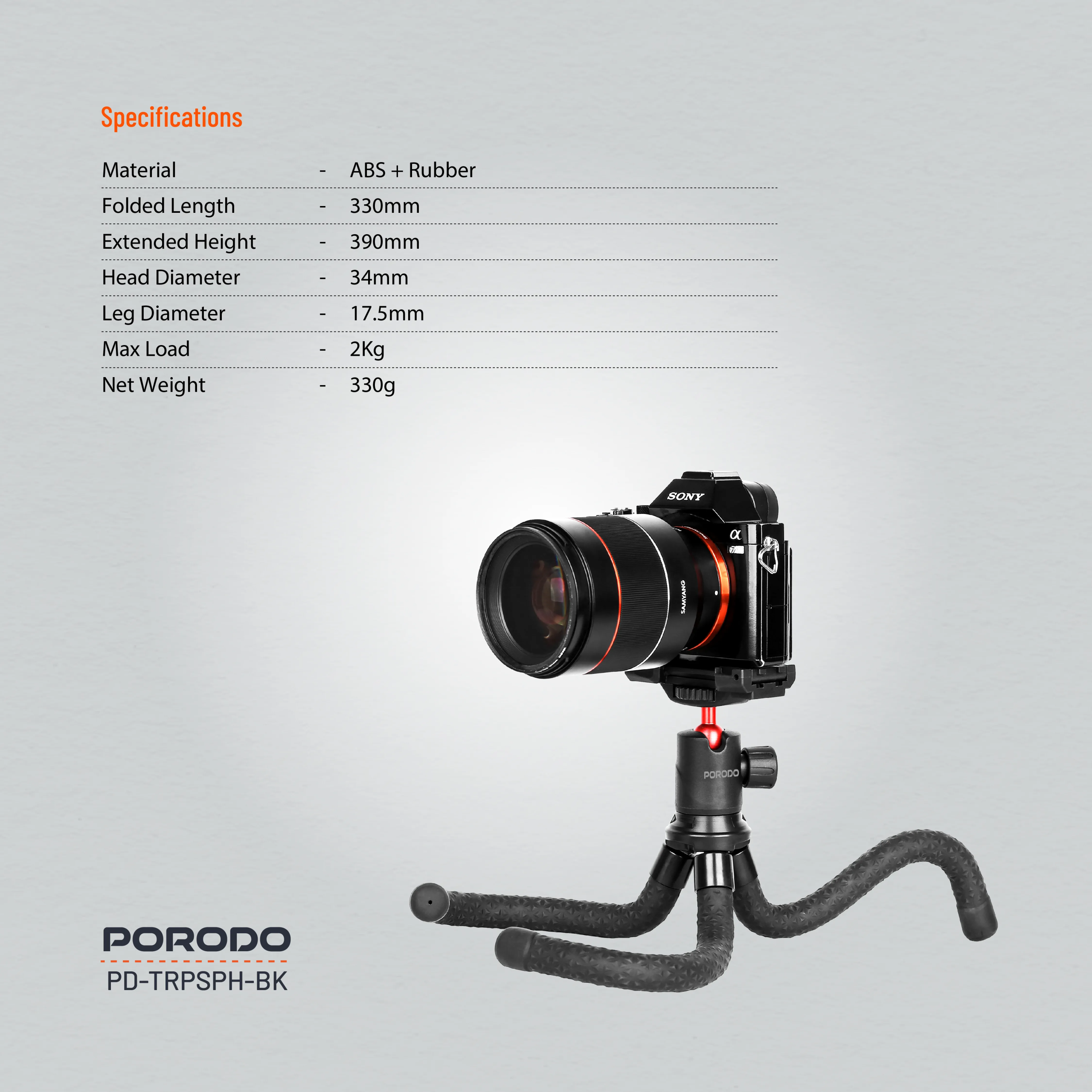 Porodo Flexible Tripod Stand — ABS & Rubber, 330–390mm, 2kg Load Capacity (Black) - Image 6