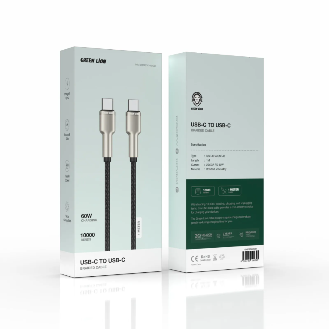 Green Lion USB-C to USB-C Braided Cable – 1m, 60W PD, Black - Image 2