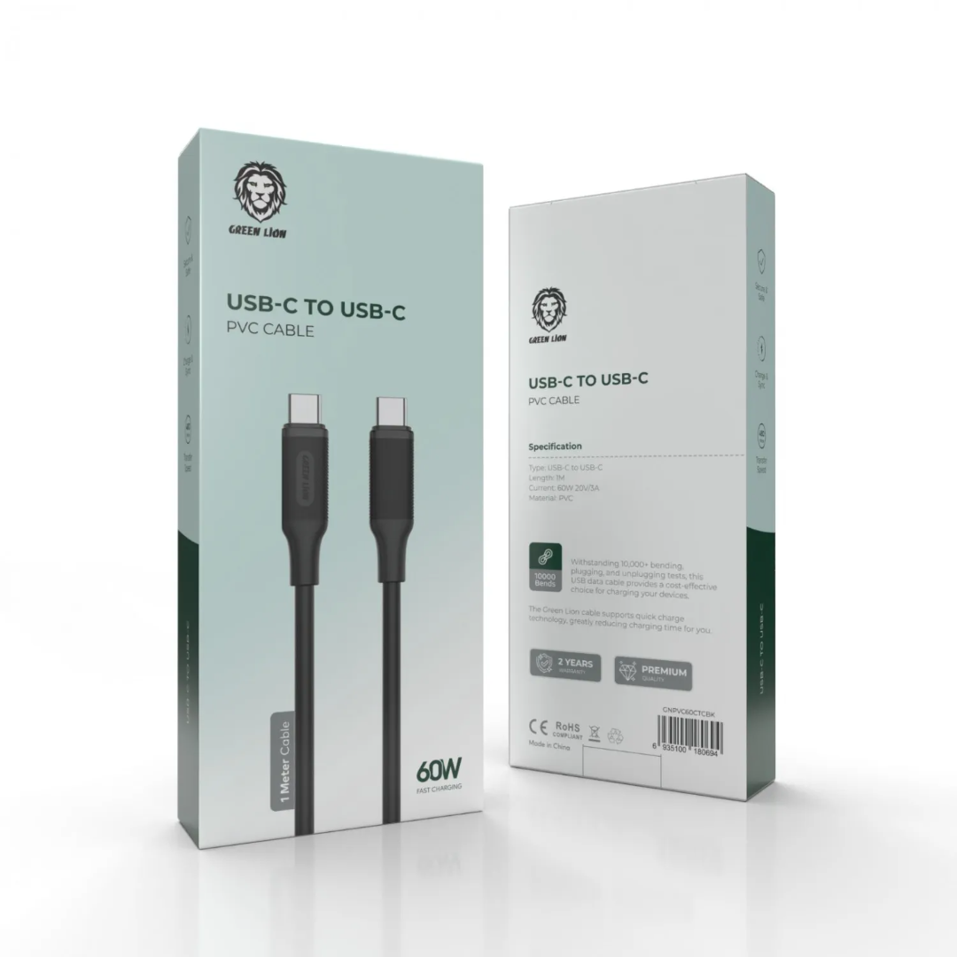 Green Lion USB-C to USB-C PVC Cable – 1m, 60W PD, Black - Image 2