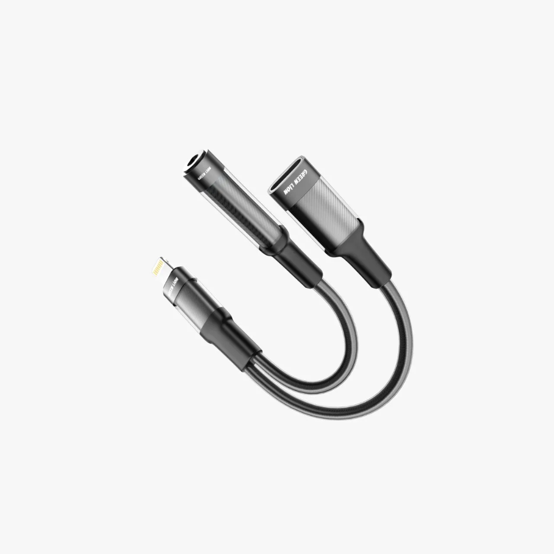 Green Lion 2-in-1 earphone and charging adapter, Lightning to Lightning + 3.5mm, 12cm, black (product view)