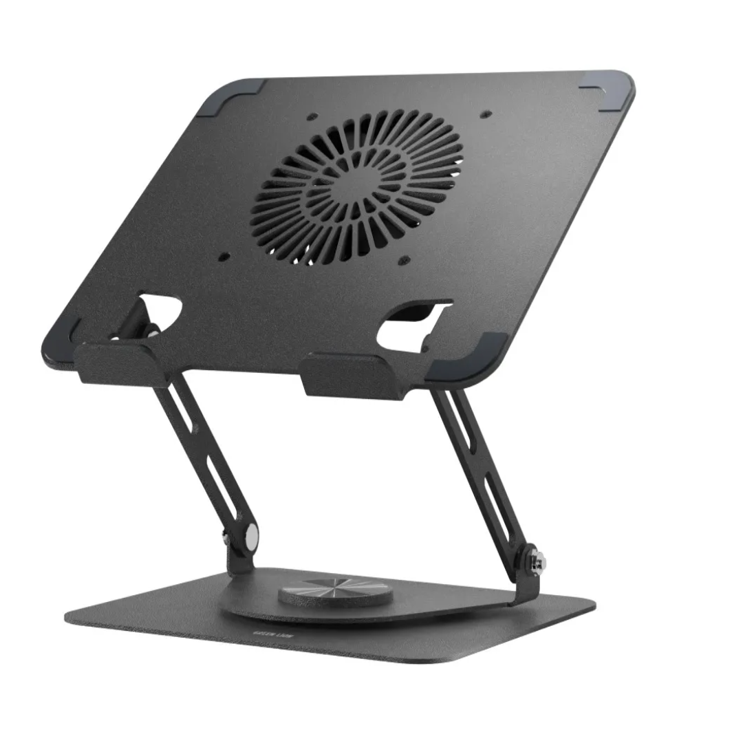 Green Lion adjustable laptop stand with cooling fan in black, 360° rotating base, foldable design, fits 13–17 inch laptops