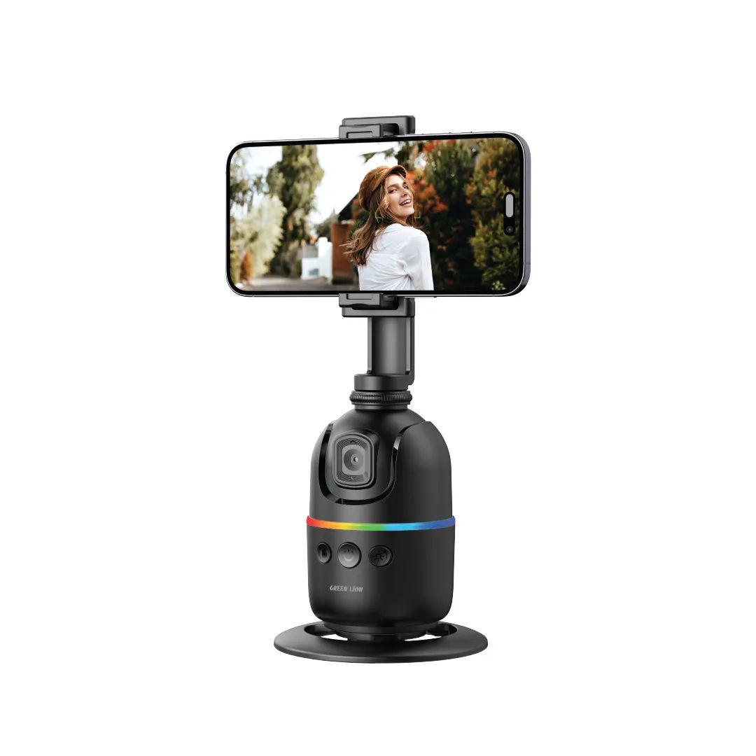 Green Lion AutoTrack gimbal in black with face tracking and gesture control, 360° rotation, Type‑C charging