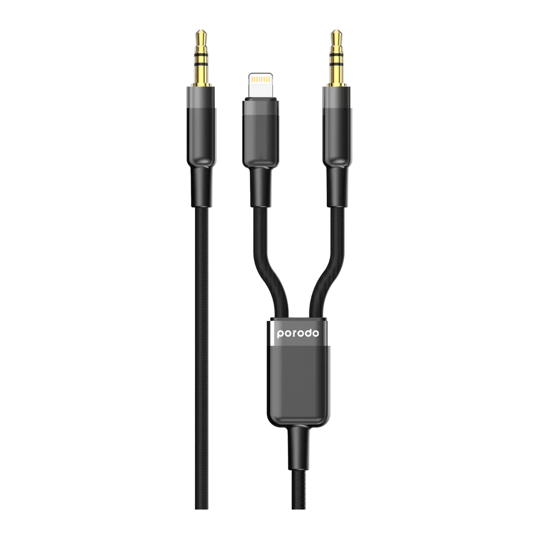 Porodo 2-in-1 multi-device AUX cable, 3.5mm + Lightning, 1.2m, black (product view)