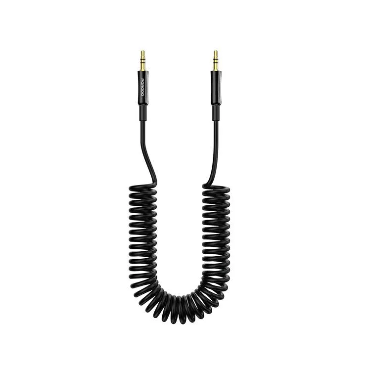 Porodo 3.5mm AUX coiled audio cable 1.2m, auto-retract, tangle-free (product view)