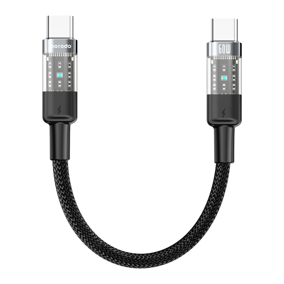 Porodo 60W PD USB-C to USB-C braided cable 35cm, transparent head, black (product view)