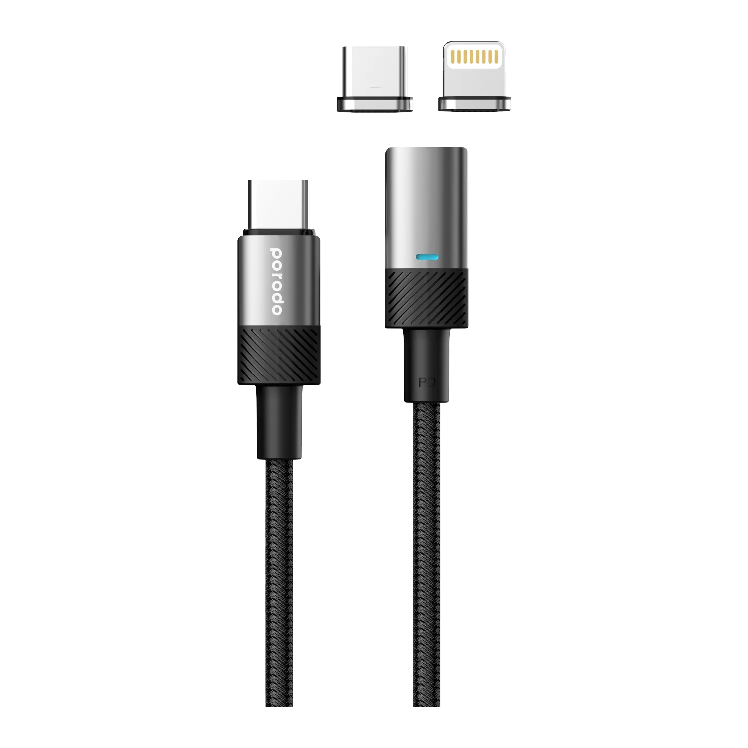 Porodo braided 100W PD magnetic charging cable 1.2m, USB-C to USB-C + Lightning, gray (product view)
