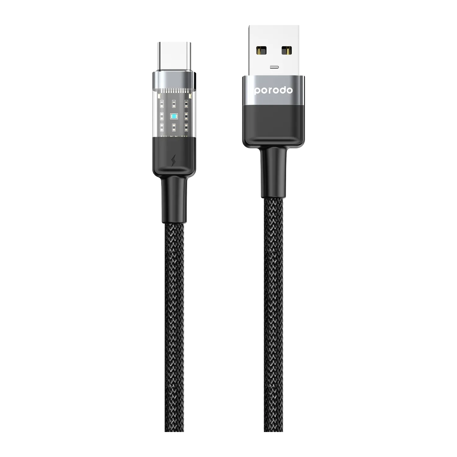 Porodo braided USB to USB-C cable 1.2m, transparent connectors, black (product view)