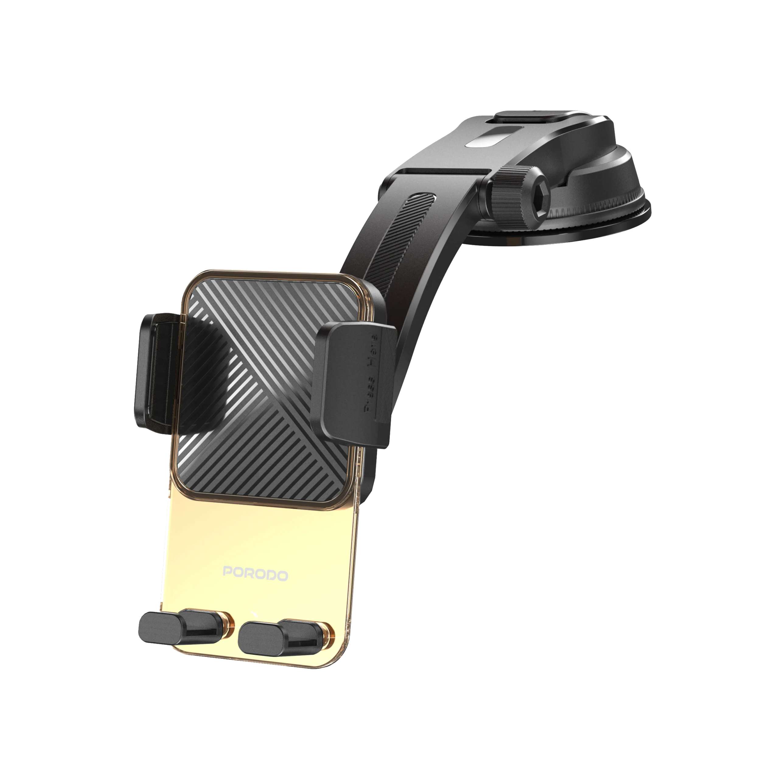 Porodo Crystal Mount extended base adhesive phone mount, 60–90mm grip, transparent (black/gold) (front view)