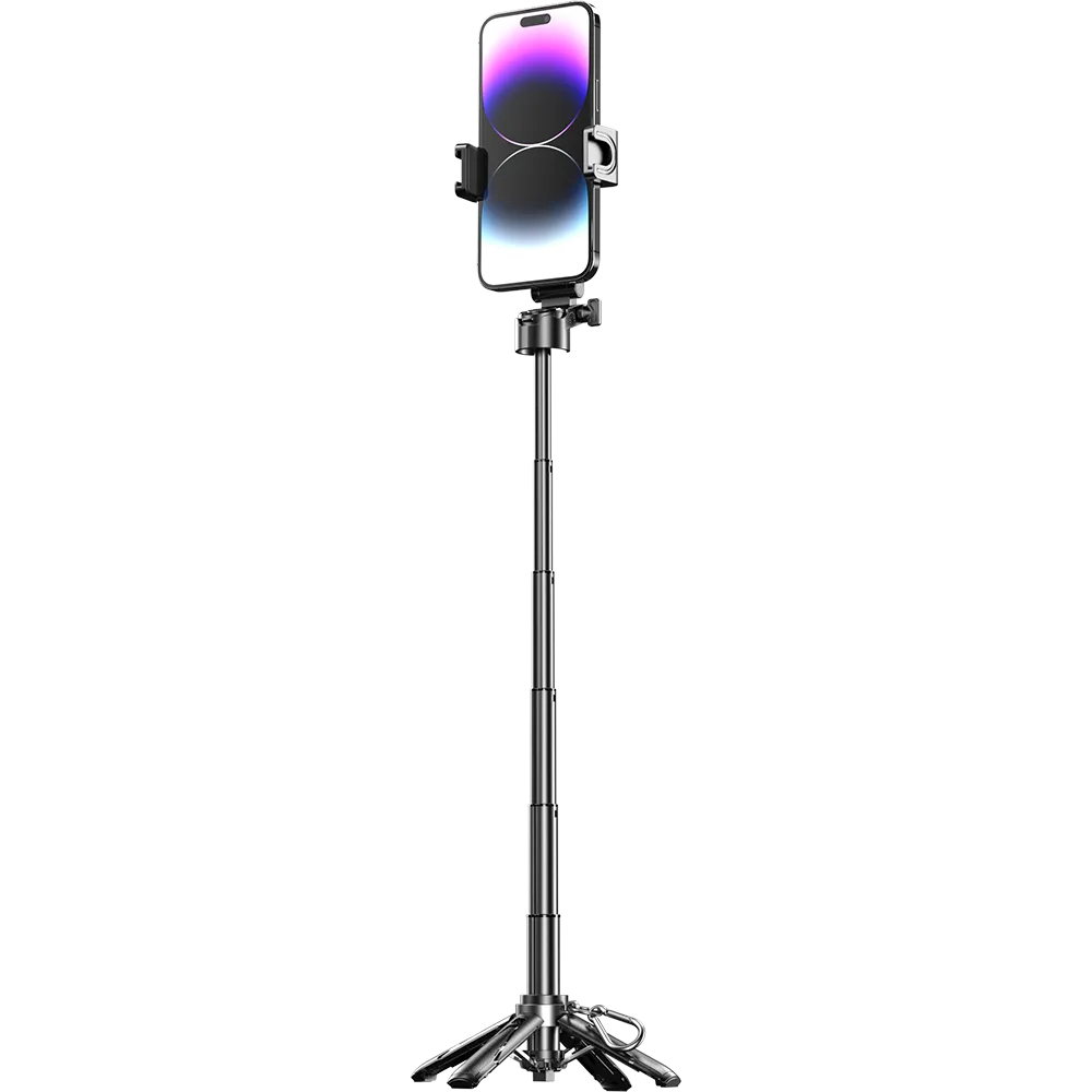 Porodo foldable selfie stick with extendable tripod, quad-base, black (front view)