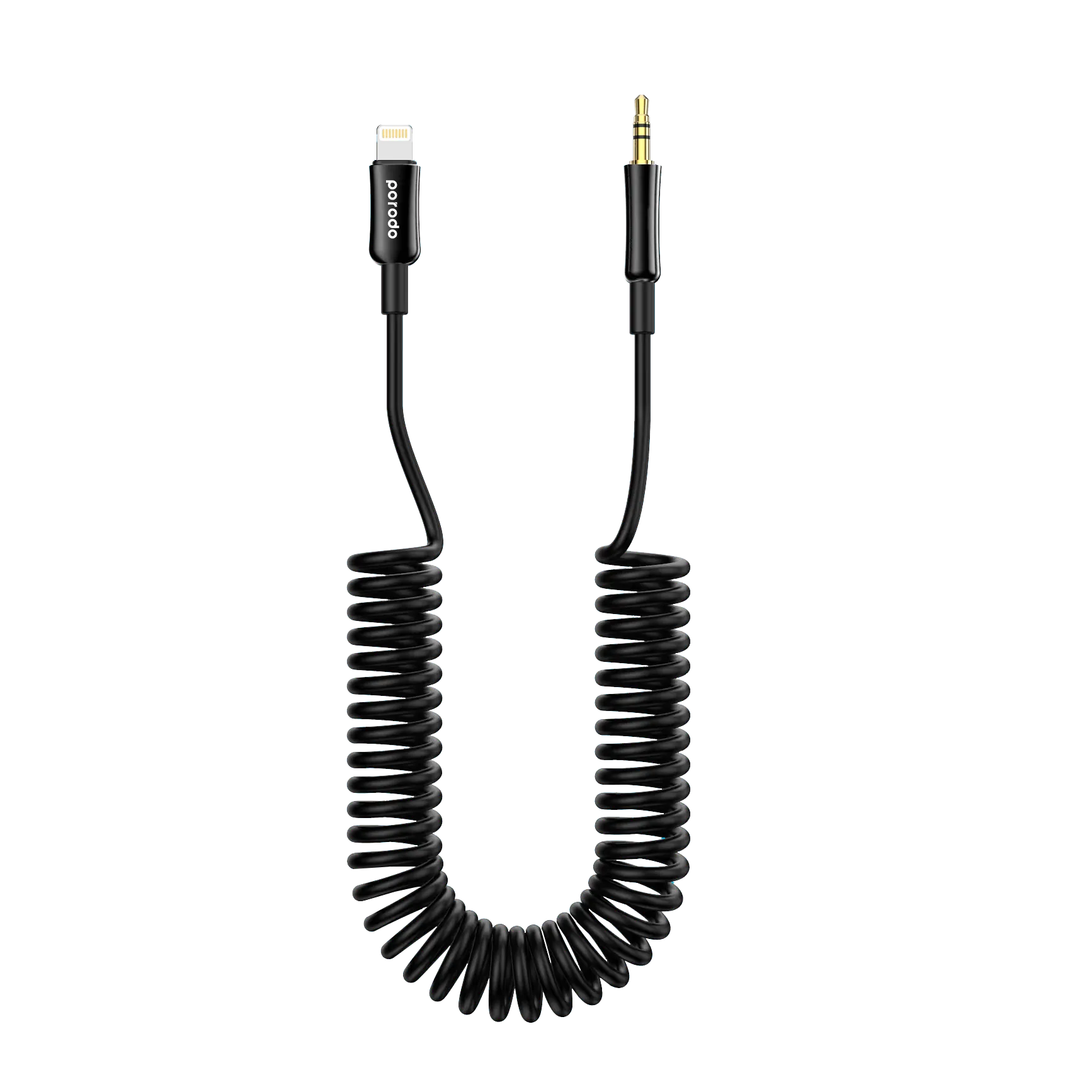 Porodo Lightning to 3.5mm AUX coiled audio cable 1.2m, black (front view)