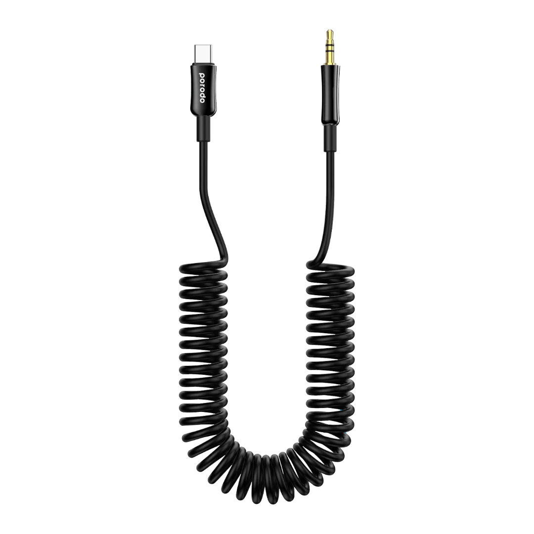 Porodo Type-C to 3.5mm AUX coiled audio cable 1.2m, auto-retract, tangle-free (product view)