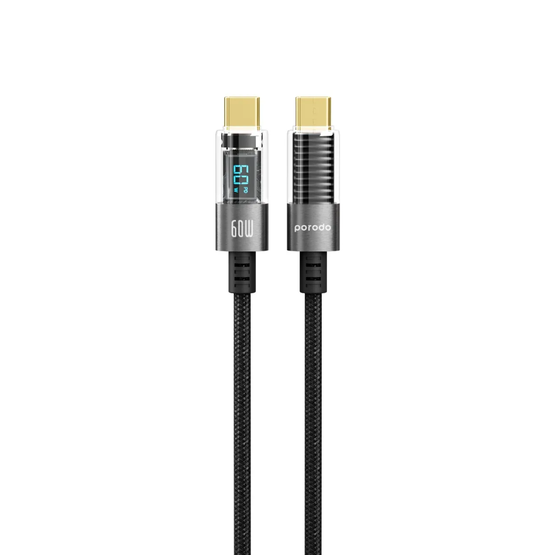 Porodo USB-C to USB-C braided cable 1.2m, 60W PD, power display (product view)