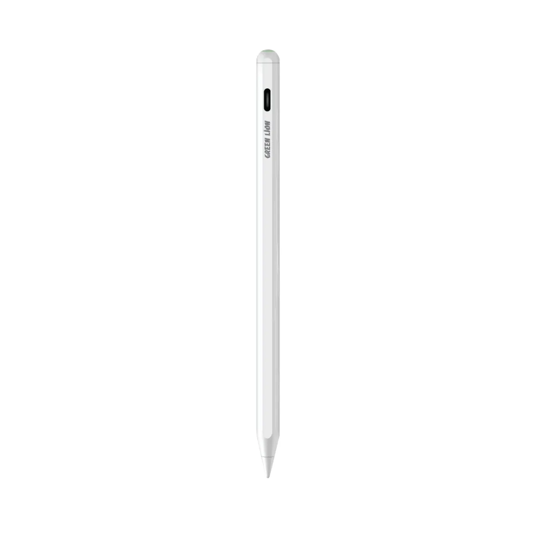 Premium Green Lion stylus pencil in white with 8–10 hours battery, 1.5mm nib, tilt sensitivity, compatible with iPads (2018 and later)