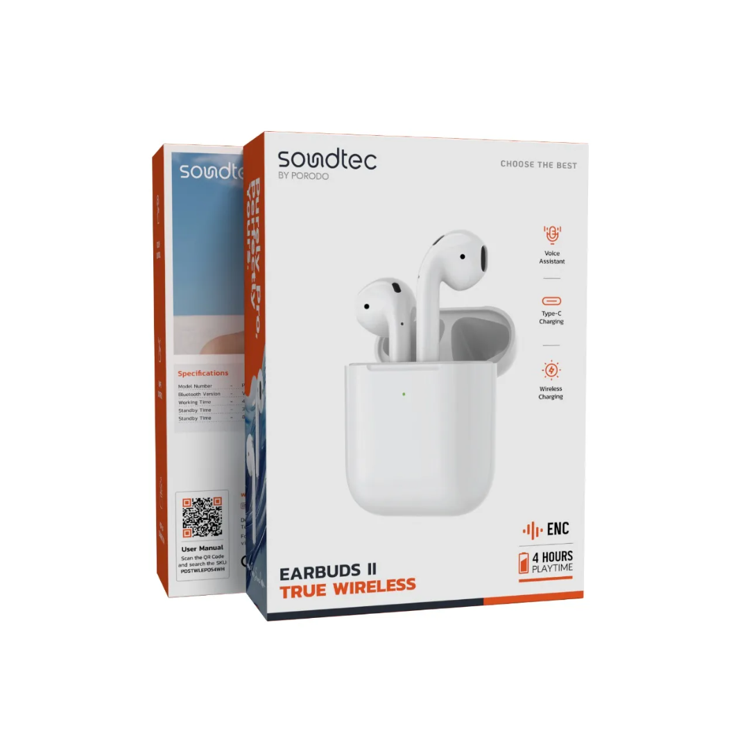 Porodo Soundtec ENC Earbuds 2 (White) | BT 5.3, Touch, Wireless Charging - Image 3