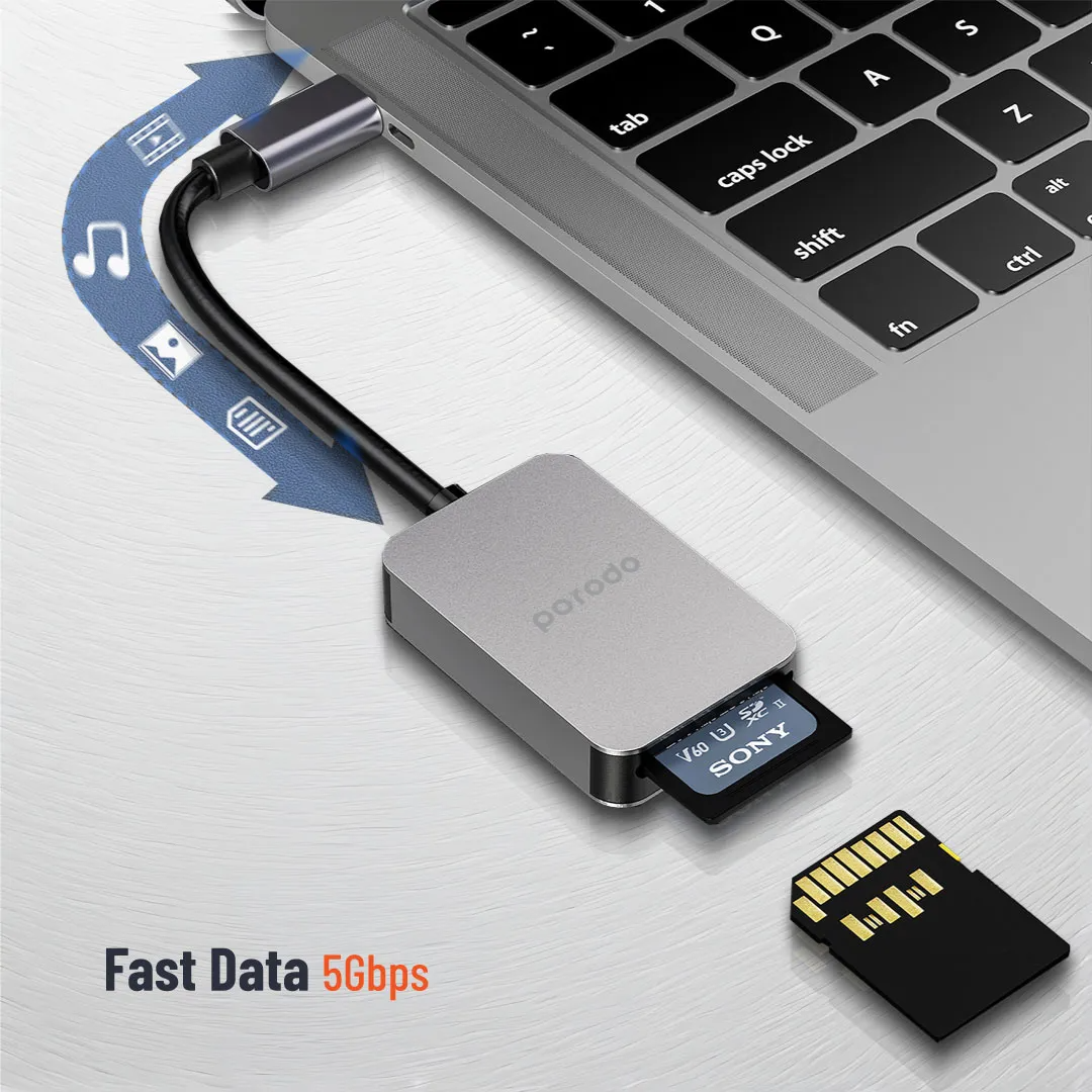 Porodo 2‑in‑1 USB‑C Card Reader (SD + MicroSD) – Grey - Image 3