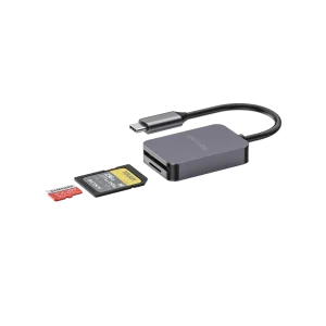 Porodo 2-in-1 USB-C card reader in grey with SD and MicroSD slots