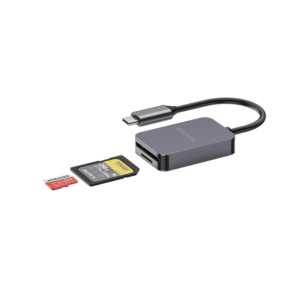 Porodo 2-in-1 USB-C card reader in grey with SD and MicroSD slots