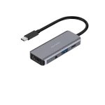 Porodo 4-in-1 USB-C hub in grey with 100W PD, HDMI, USB 3.0 and 3.5mm AUX