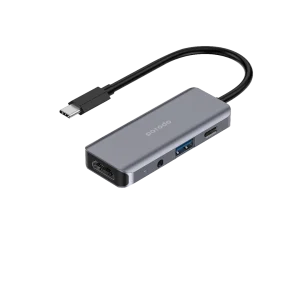 Porodo 4-in-1 USB-C hub in grey with 100W PD, HDMI, USB 3.0 and 3.5mm AUX