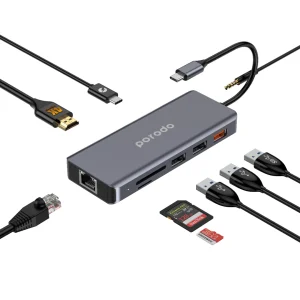 Porodo 9-in-1 USB-C hub in gray with HDMI, Ethernet, USB, SD and MicroSD slots, and 3.5mm AUX