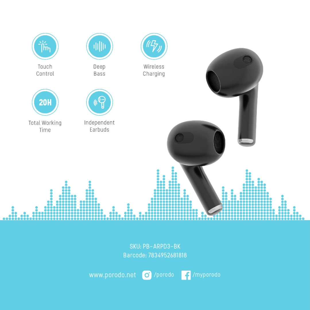 Porodo Blue Deep Bass Wireless Earbuds 3 -20H Playtime - Image 2