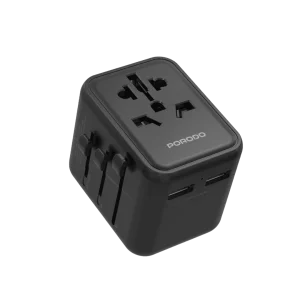 Porodo universal travel adapter black with dual USB-A 2.4A and 2500W AC output