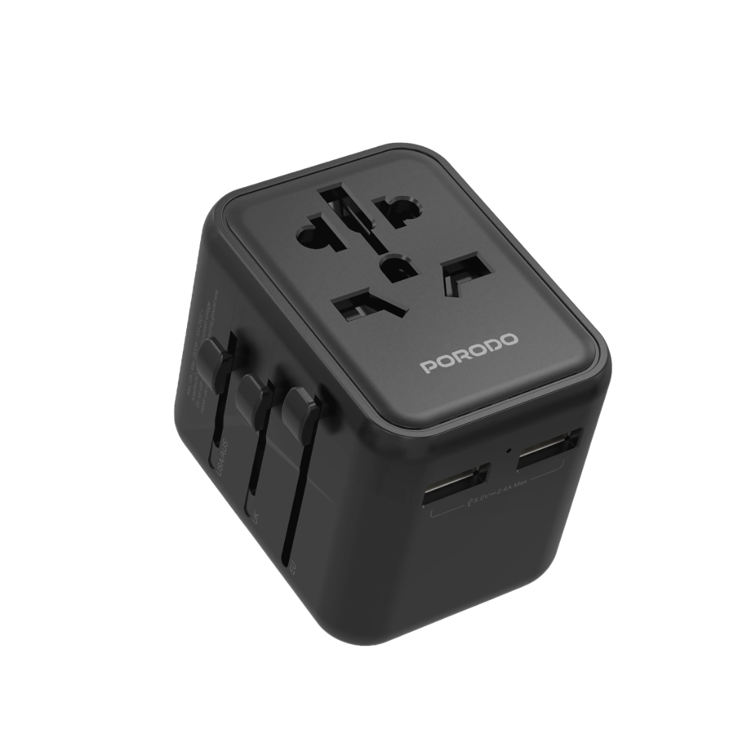Porodo universal travel adapter black with dual USB-A 2.4A and 2500W AC output