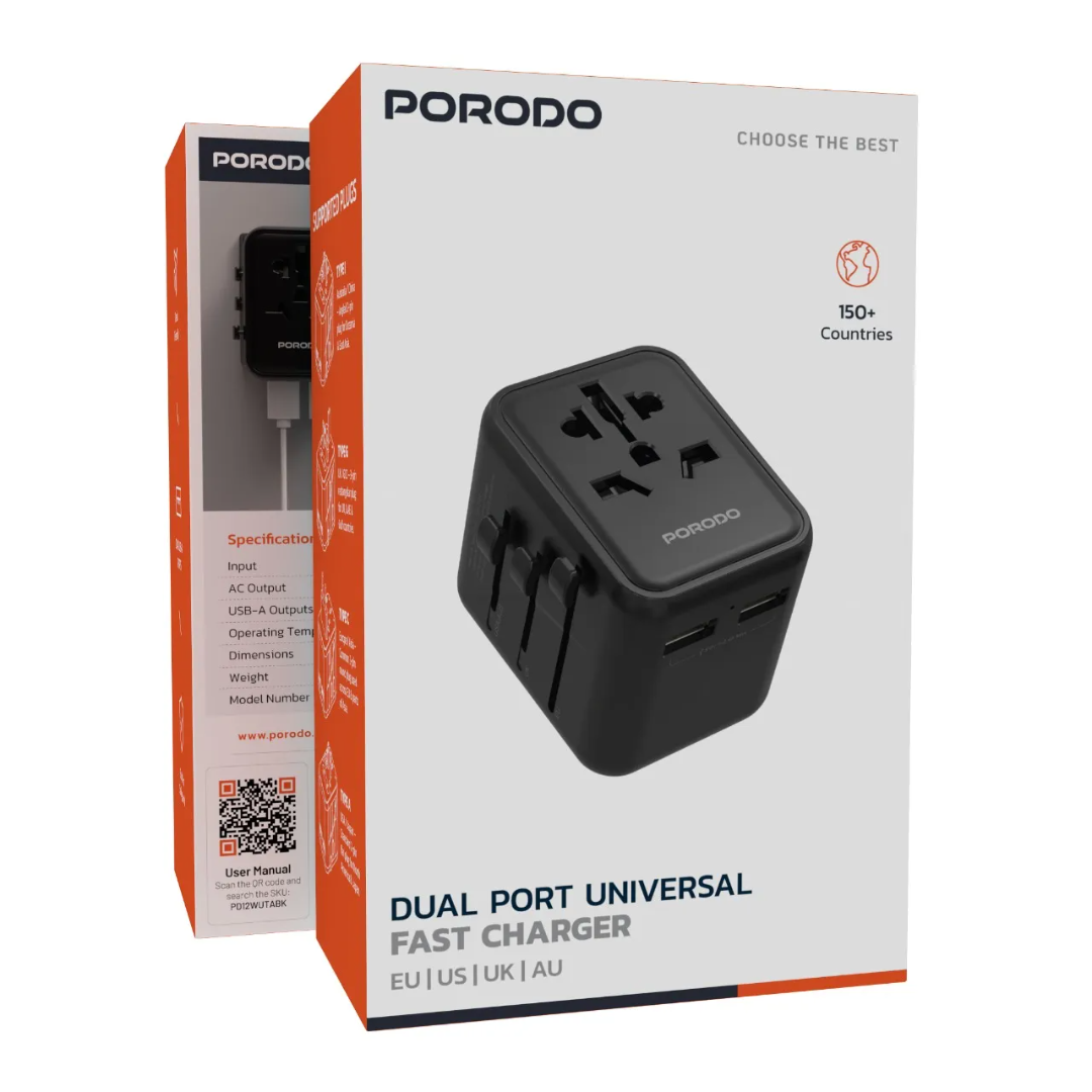Porodo Dual USB‑A Universal Travel Adapter 2.4A 150+ Countries - Image 10