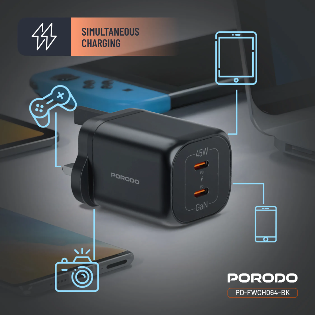 Porodo Dual USB‑C Quick Charger (GaN PD 45W) – Black - Image 2