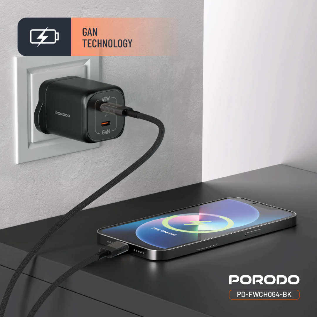 Porodo Dual USB‑C Quick Charger (GaN PD 45W) – Black - Image 3