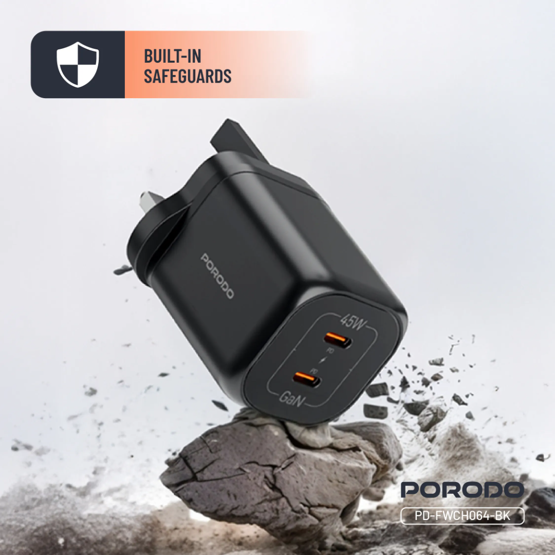 Porodo Dual USB‑C Quick Charger (GaN PD 45W) – Black - Image 4