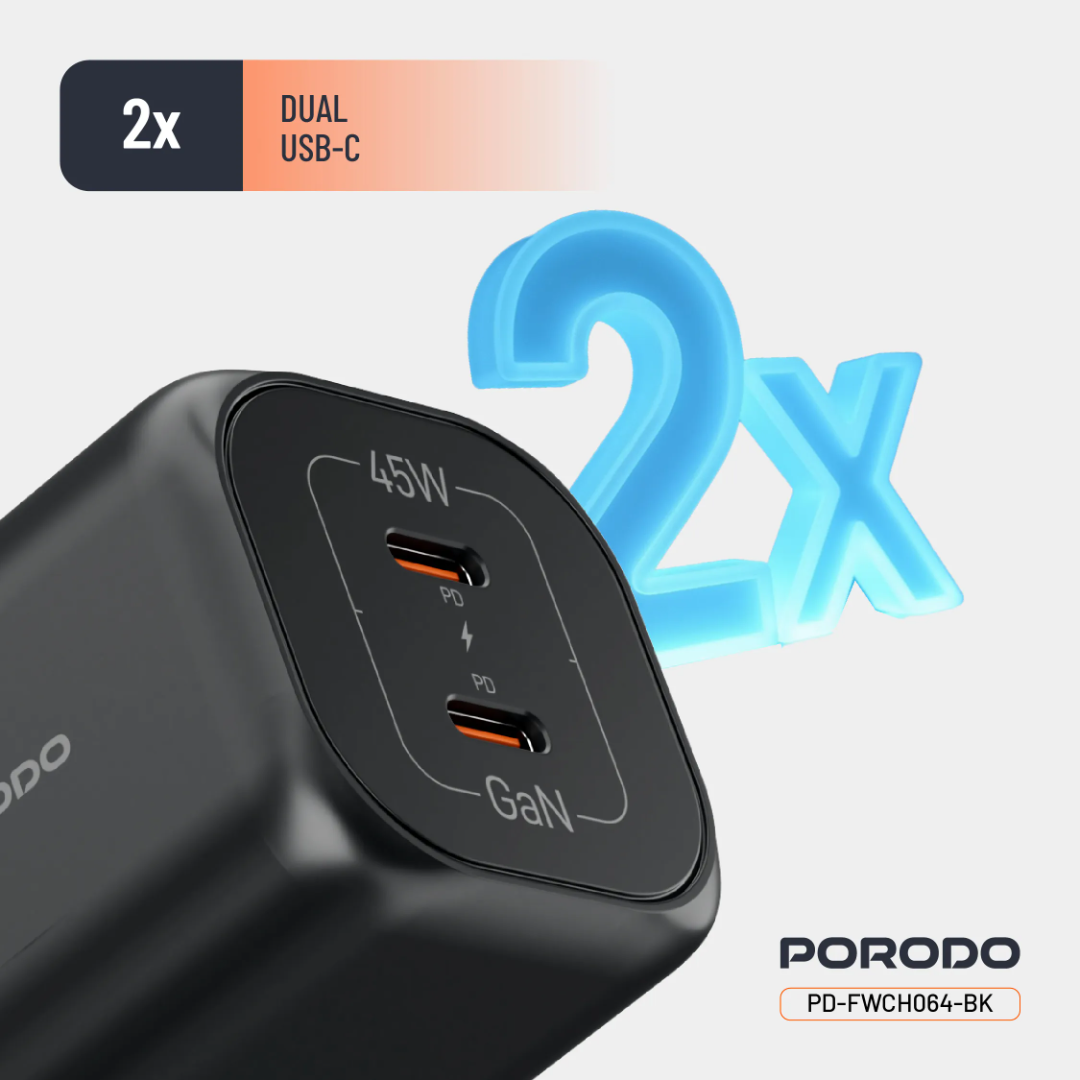 Porodo Dual USB‑C Quick Charger (GaN PD 45W) – Black - Image 5