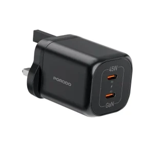 Porodo dual USB-C GaN wall charger black with PD 45W and UK plug