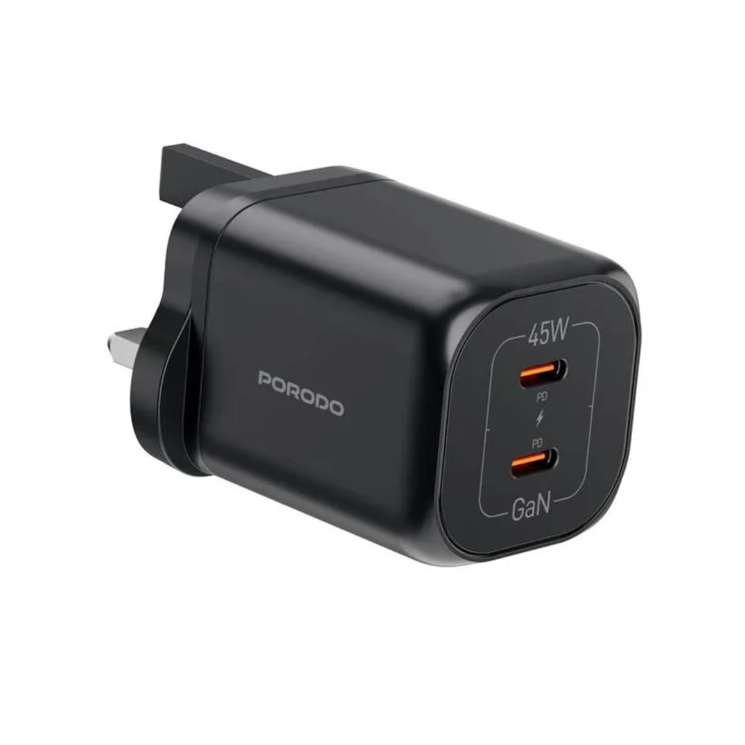 Porodo dual USB-C GaN wall charger black with PD 45W and UK plug
