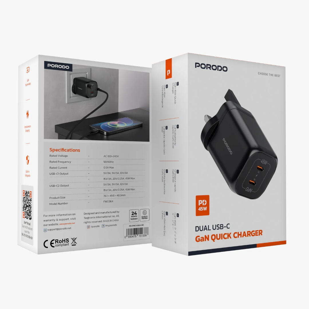 Porodo Dual USB‑C Quick Charger (GaN PD 45W) – Black - Image 7