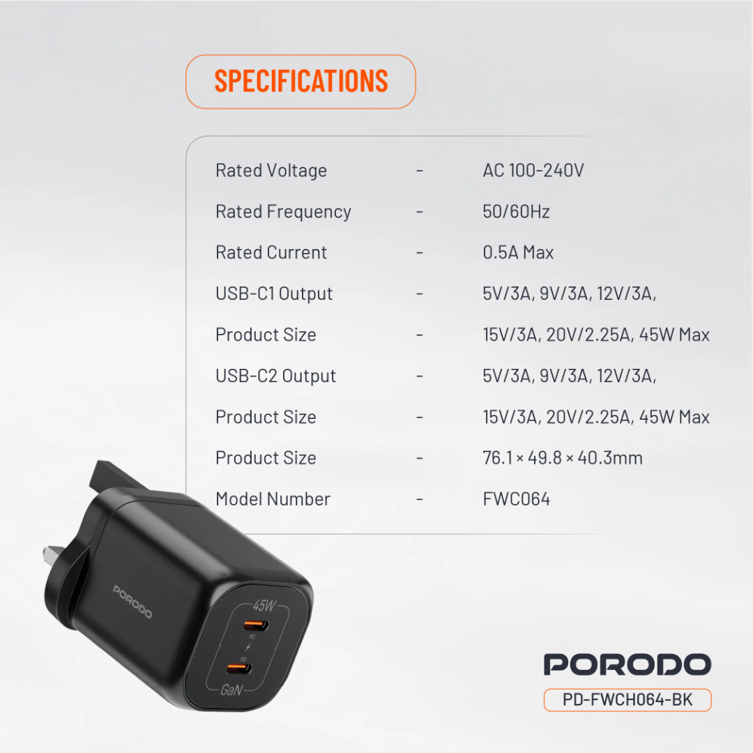 Porodo Dual USB‑C Quick Charger (GaN PD 45W) – Black - Image 8