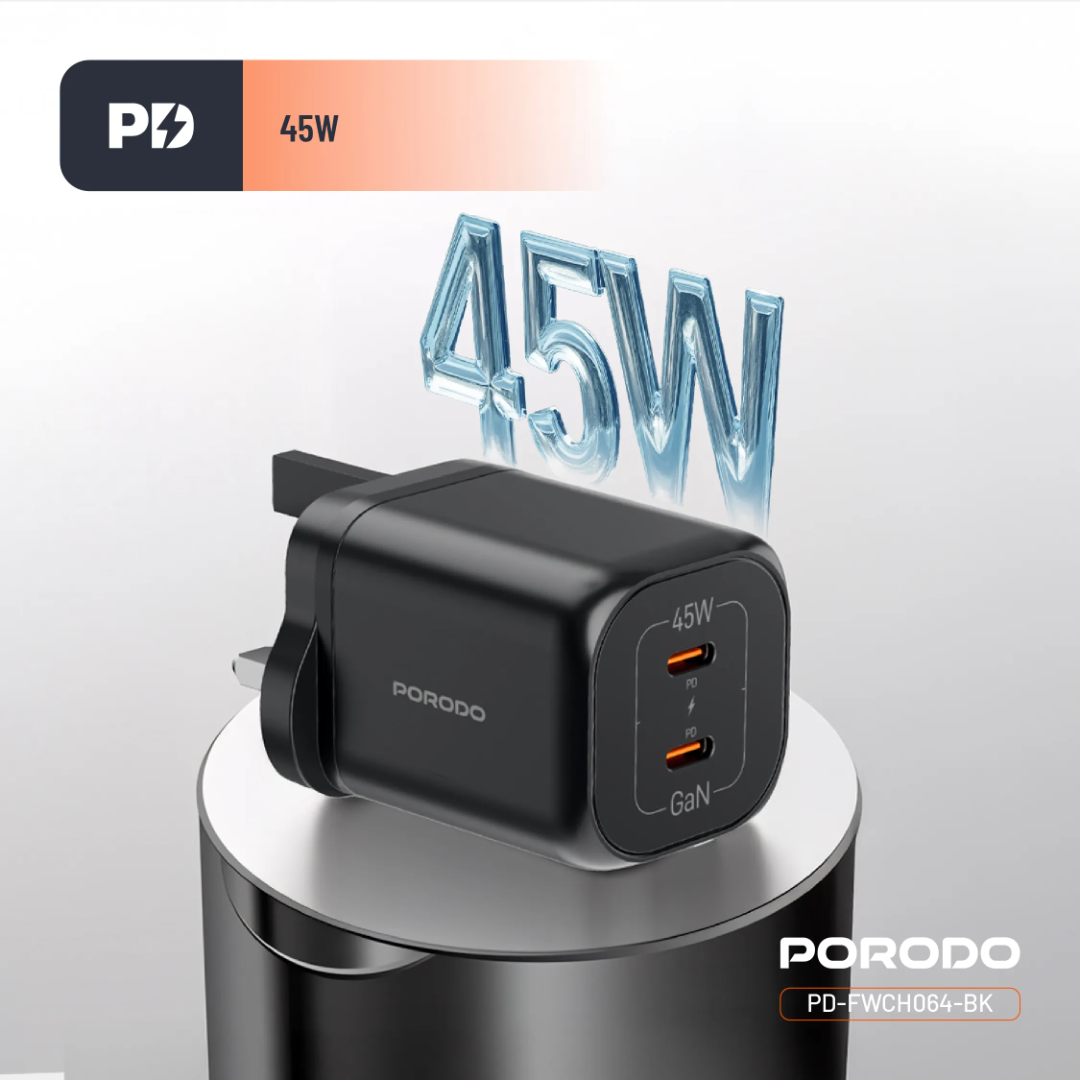 Porodo Dual USB‑C Quick Charger (GaN PD 45W) – Black - Image 9