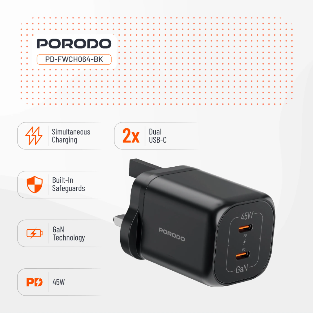 Porodo Dual USB‑C Quick Charger (GaN PD 45W) – Black - Image 10