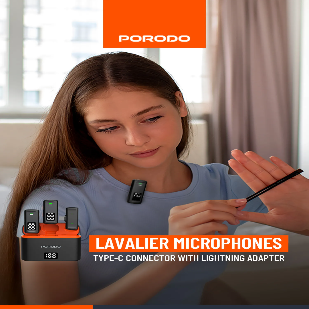 Porodo Lavalier Microphones (Type‑C + Lightning Adapter) (Black) - Image 2